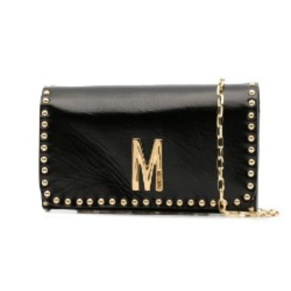Moschino Handbags - Moschino logo studded chain-strap wallet NEW Black and Gold